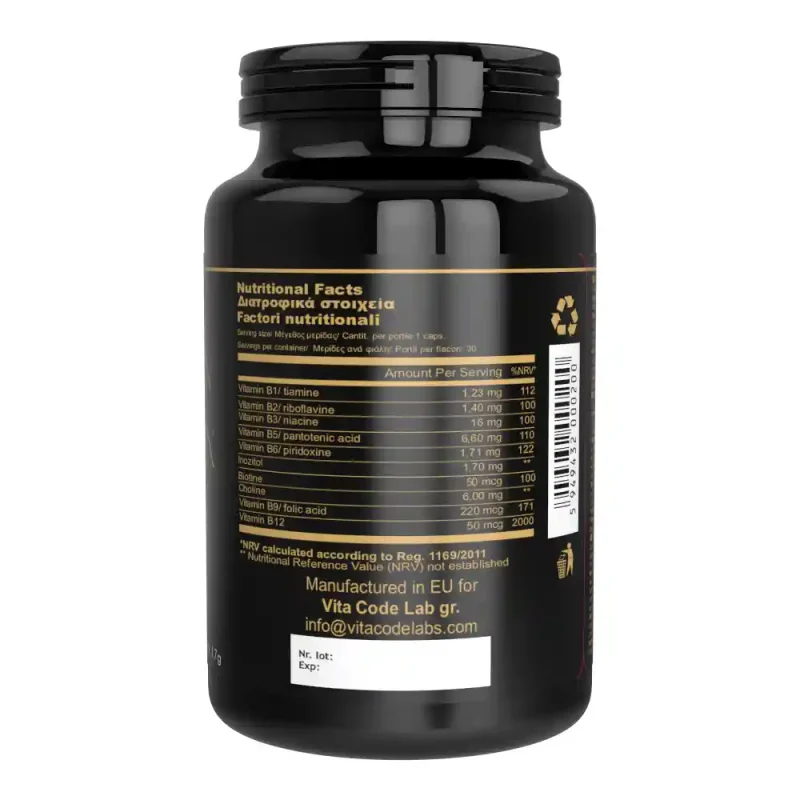 Vitamina B Complex Lipozomala, conținând 30 de capsule vegetale, cu detalii ale ingredientelor și informații nutriționale.