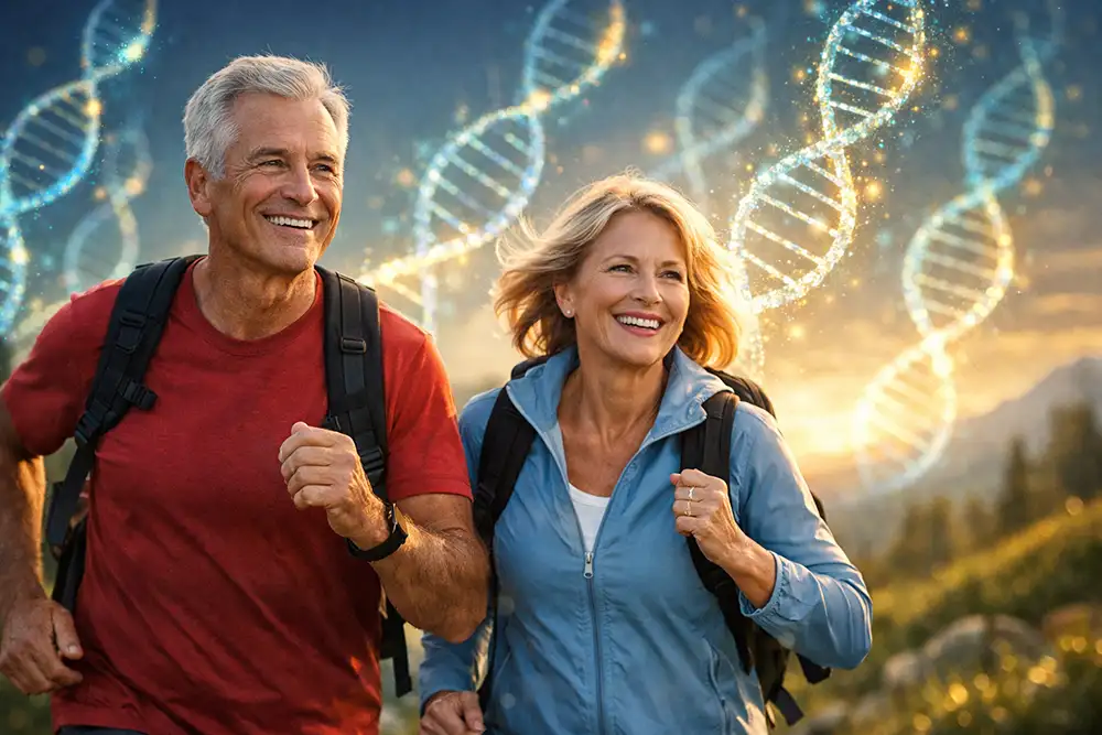 cuplu activ in varsta care invinge imbatranirea celulara prin miscare si longevitate