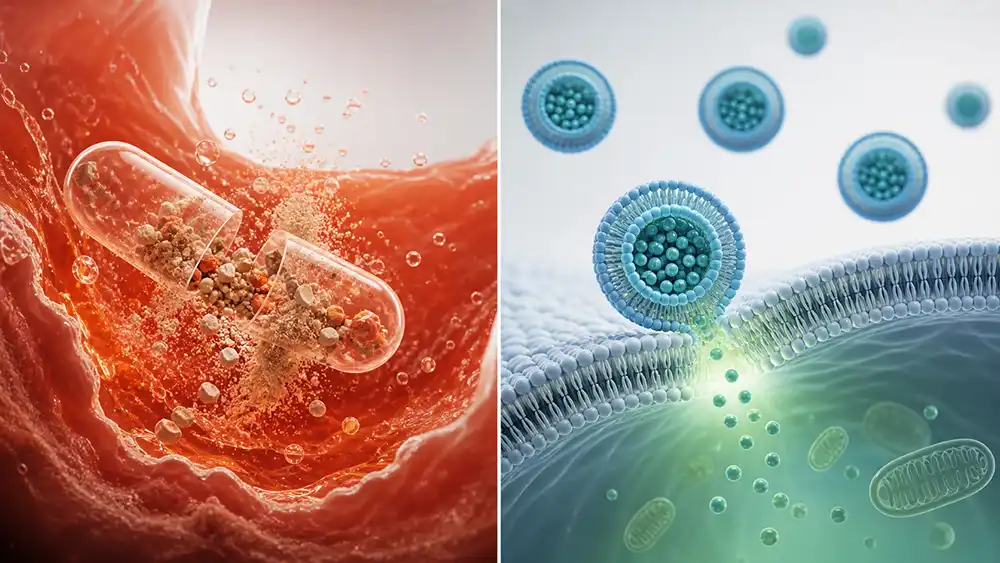 Spermidina lipozomala vs clasica — comparatie vizuala intre absorbtia capsulelor standard si a formei lipozomale cu lipozomi